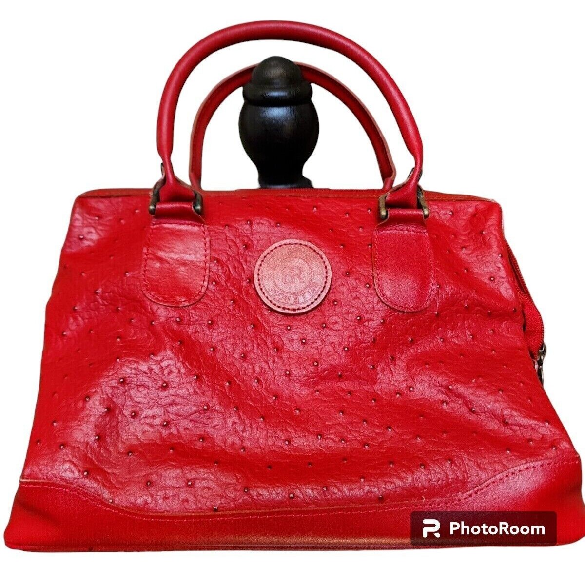 Vintage Belle Rose Ostrich Leather Red Korean Purse Medium Detachable Strap New
